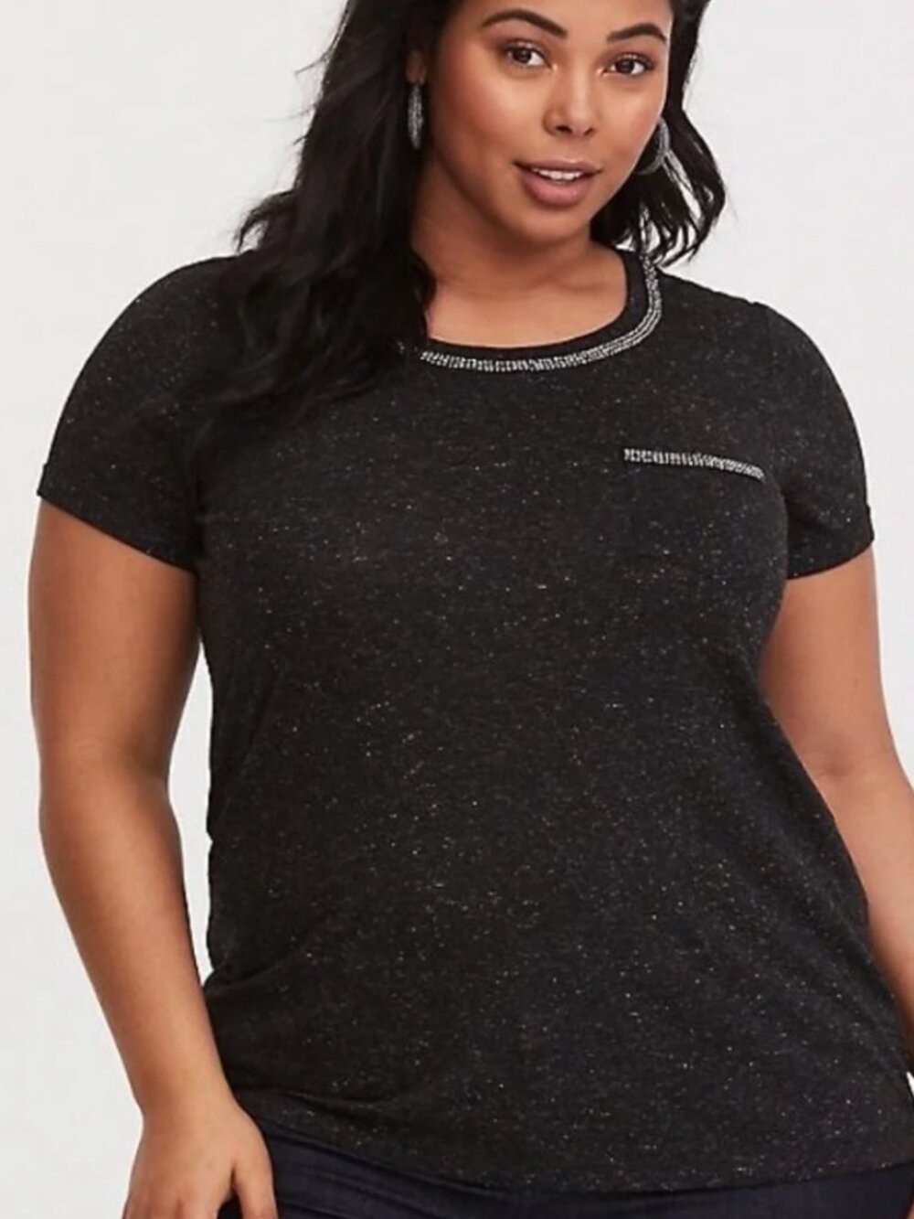 TORRID 0 Plus Size Classic Fit Crew Neck Rhinestone Pocket Roll Sleeve Tee Gray